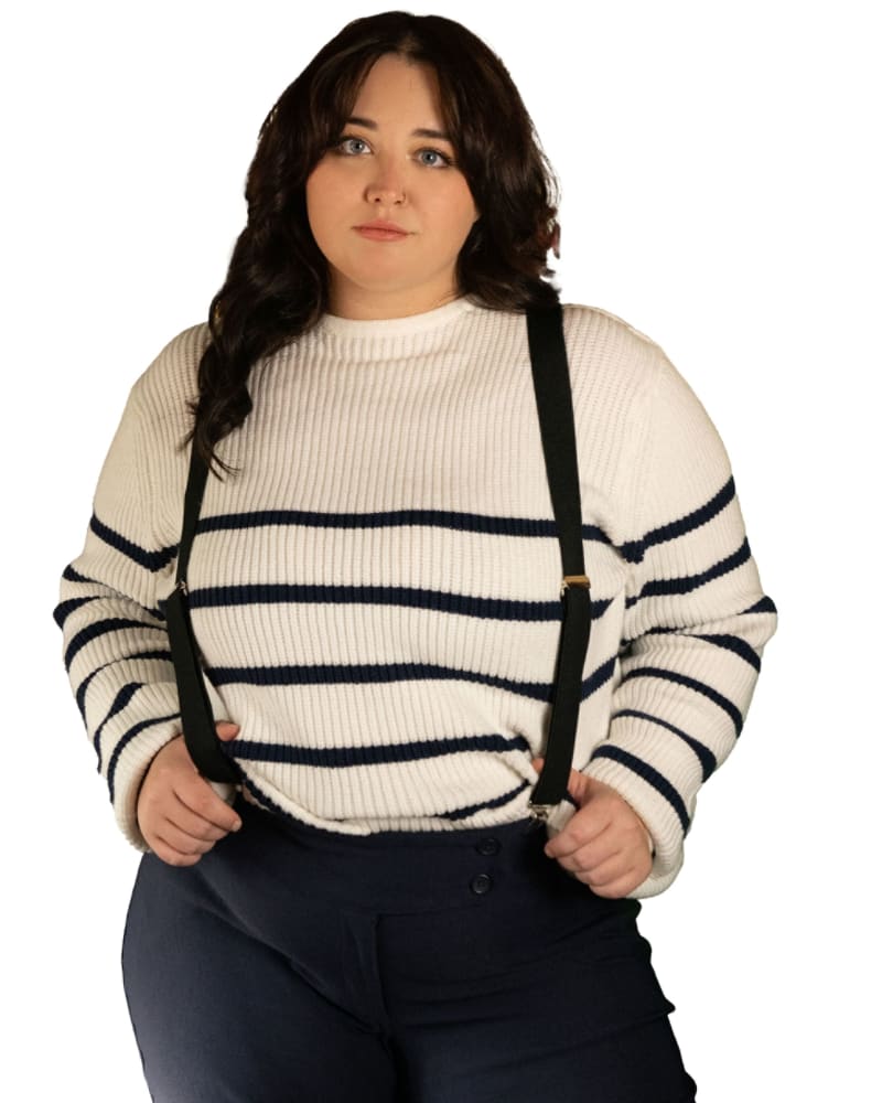 Front of a model wearing a size 1X Georgia Sailor Striped Sweater Shoulder Buttons in White by ANNICK. | dia_product_style_image_id:282069